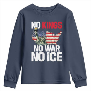 No Kings No Wars No Ice Statue of Liberty Youth Sweatshirt American Flag Patriotic Protest Freedom Democracy TS02 Navy Print Your Wear