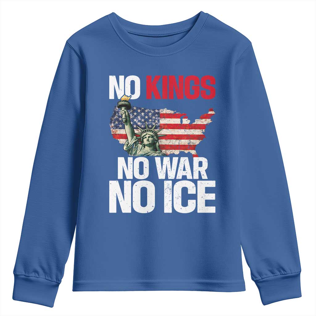 No Kings No Wars No Ice Statue of Liberty Youth Sweatshirt American Flag Patriotic Protest Freedom Democracy TS02 Royal Blue Print Your Wear