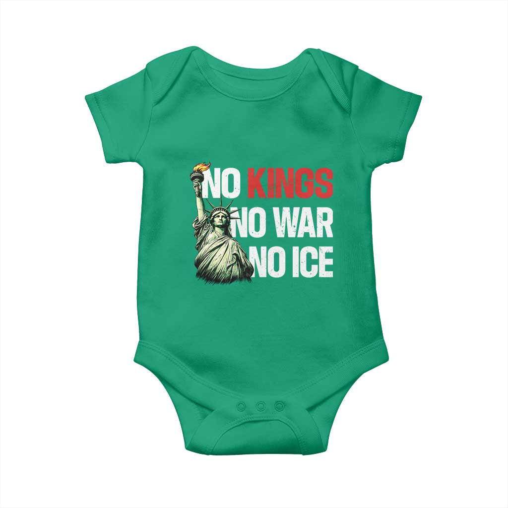No Kings No Wars No Ice Statue of Liberty Baby Onesie American Flag Patriotic Protest Human Rights TS02 Irish Green Print Your Wear
