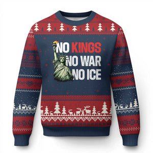 No Kings No Wars No Ice Statue of Liberty Ugly Christmas Sweater American Flag Patriotic Protest Human Rights TS02 Navy Red Print Your Wear