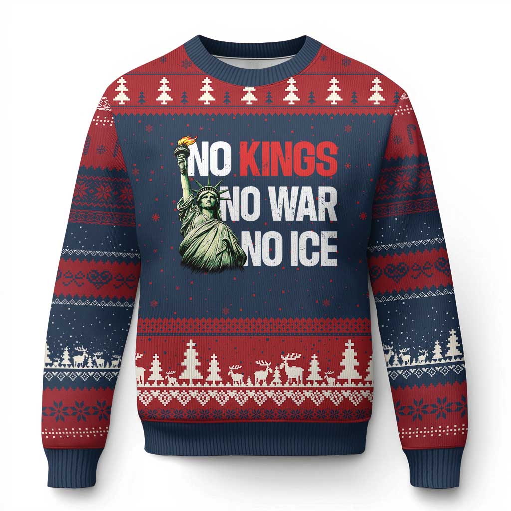 No Kings No Wars No Ice Statue of Liberty Ugly Christmas Sweater American Flag Patriotic Protest Human Rights TS02 Navy Red Print Your Wear