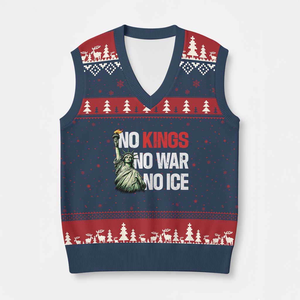 No Kings No Wars No Ice Statue of Liberty V-Neck Knit Sweater Vest American Flag Patriotic Protest Human Rights TS02 Navy Red Print Your Wear