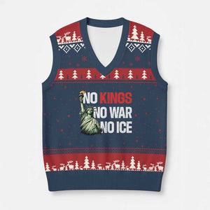 No Kings No Wars No Ice Statue of Liberty V-Neck Knit Sweater Vest American Flag Patriotic Protest Human Rights TS02 Navy Red Print Your Wear