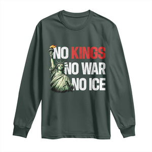No Kings No Wars No Ice Statue of Liberty Long Sleeve Shirt American Flag Patriotic Protest Human Rights TS02 Dark Forest Green Print Your Wear