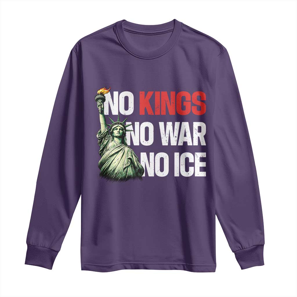 No Kings No Wars No Ice Statue of Liberty Long Sleeve Shirt American Flag Patriotic Protest Human Rights TS02 Purple Print Your Wear