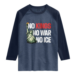 No Kings No Wars No Ice Statue of Liberty Raglan Shirt American Flag Patriotic Protest Human Rights TS02 Heather Denim Navy Print Your Wear