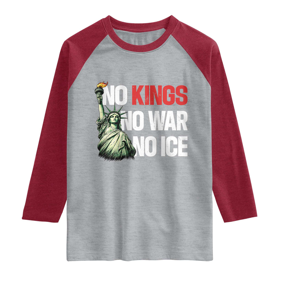 No Kings No Wars No Ice Statue of Liberty Raglan Shirt American Flag Patriotic Protest Human Rights TS02 Heather Gray Heather Red Print Your Wear