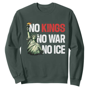 No Kings No Wars No Ice Statue of Liberty Sweatshirt American Flag Patriotic Protest Human Rights TS02 Dark Forest Green Print Your Wear