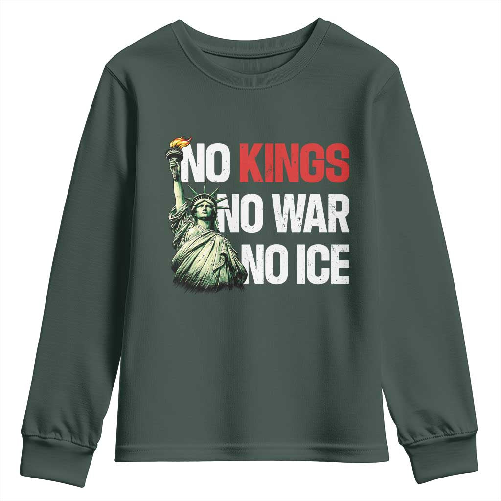 No Kings No Wars No Ice Statue of Liberty Youth Sweatshirt American Flag Patriotic Protest Human Rights TS02 Dark Forest Green Print Your Wear