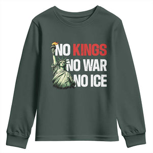 No Kings No Wars No Ice Statue of Liberty Youth Sweatshirt American Flag Patriotic Protest Human Rights TS02 Dark Forest Green Print Your Wear