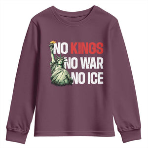 No Kings No Wars No Ice Statue of Liberty Youth Sweatshirt American Flag Patriotic Protest Human Rights TS02 Maroon Print Your Wear