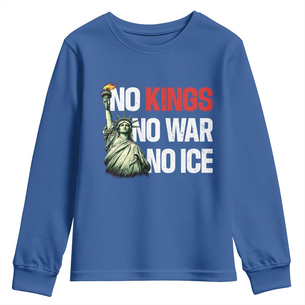 No Kings No Wars No Ice Statue of Liberty Youth Sweatshirt American Flag Patriotic Protest Human Rights TS02 Royal Blue Print Your Wear