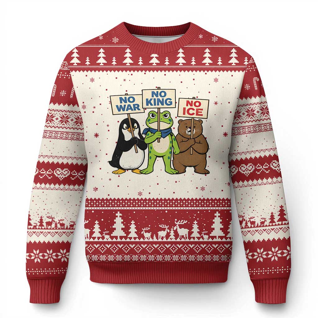 No Wars No Ice No Kings Animal Protest Ugly Christmas Sweater Frog Penguin Bear Resist Human Rights Activist TS02 Beige Red Print Your Wear