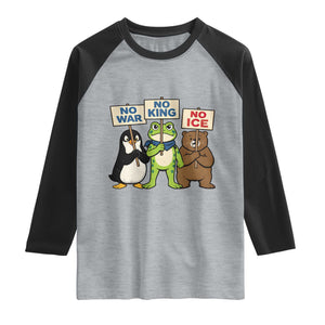 No Wars No Ice No Kings Animal Protest Raglan Shirt Frog Penguin Bear Resist Human Rights Activist TS02 Heather Gray Black Print Your Wear