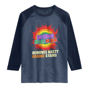 No Wars No Ice No Kings Retro Rainbow Raglan Shirt Remove Nasty Orange Stains Protest Political Satire TS02 Heather Denim Navy Print Your Wear