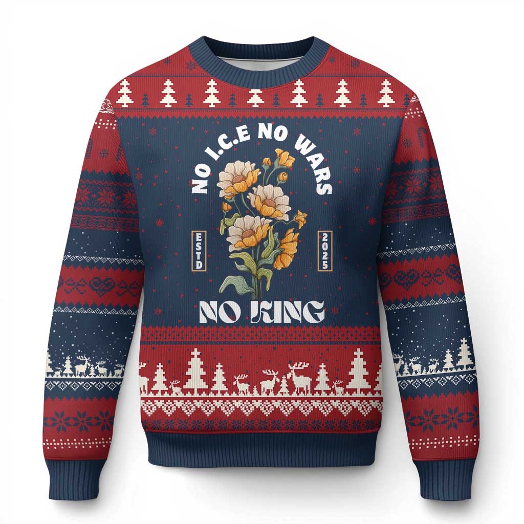 No Wars No ICE No Kings Floral Vintage Ugly Christmas Sweater Retro Flower Peaceful Protest Statement TS02 Navy Red Print Your Wear