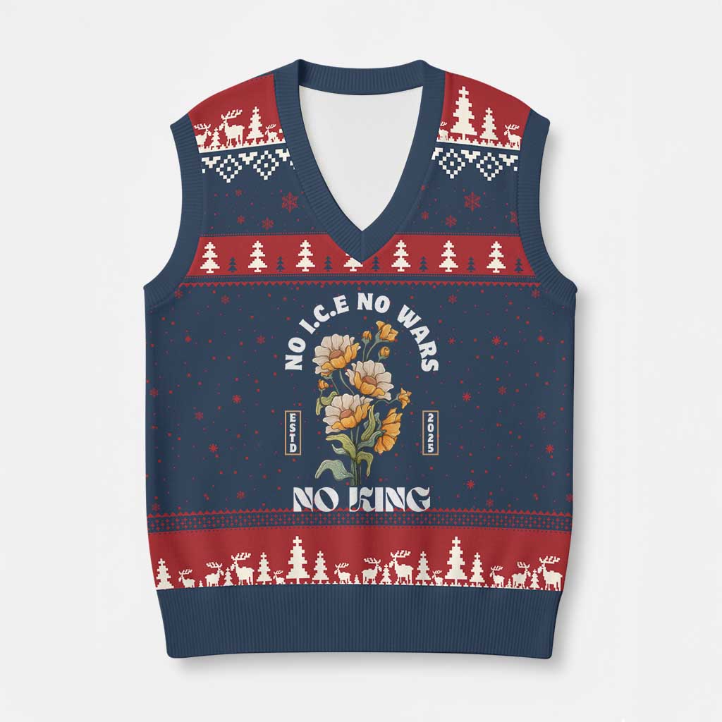 No Wars No ICE No Kings Floral Vintage V-Neck Knit Sweater Vest Retro Flower Peaceful Protest Statement TS02 Navy Red Print Your Wear