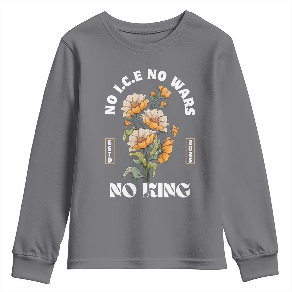 No Wars No ICE No Kings Floral Vintage Youth Sweatshirt Retro Flower Peaceful Protest Statement TS02 Charcoal Print Your Wear