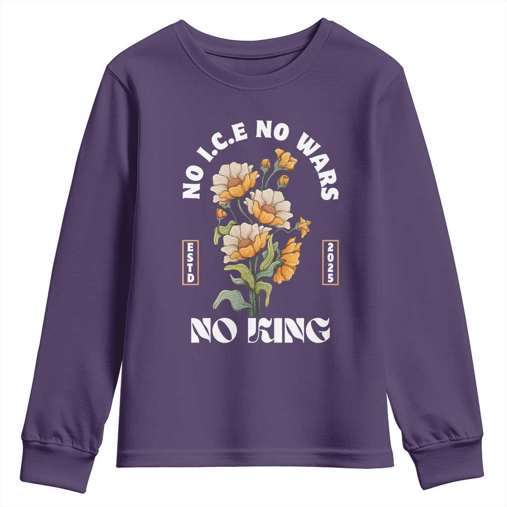 No Wars No ICE No Kings Floral Vintage Youth Sweatshirt Retro Flower Peaceful Protest Statement TS02 Purple Print Your Wear