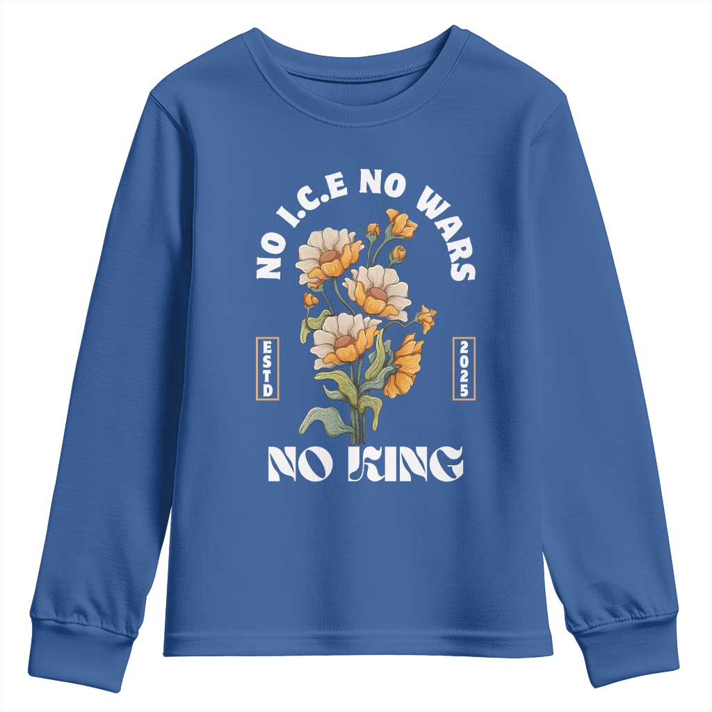 No Wars No ICE No Kings Floral Vintage Youth Sweatshirt Retro Flower Peaceful Protest Statement TS02 Royal Blue Print Your Wear