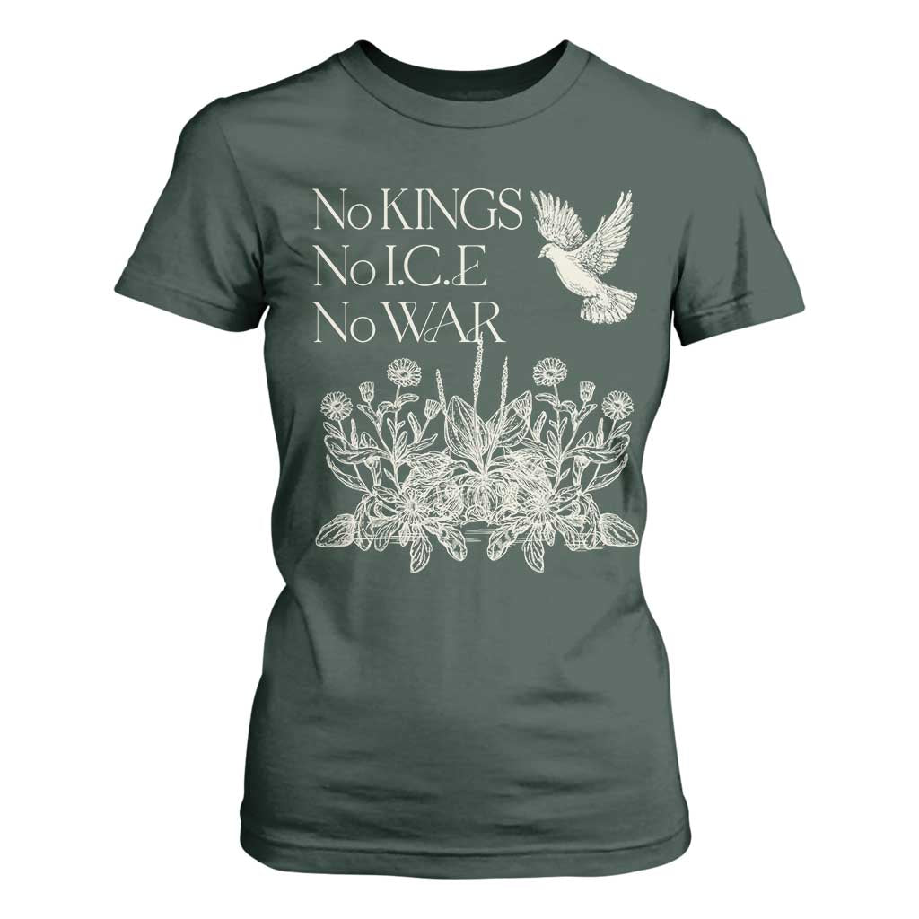 No Wars No Ice No Kings Botanical Dove T Shirt For Women Peace Symbol Anti War Human Rights Protest TS02 Dark Forest Green Print Your Wear