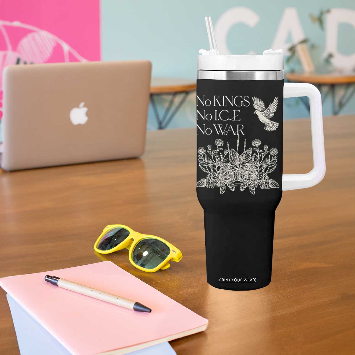 No Wars No Ice No Kings Botanical Dove Tumbler With Handle Peace Symbol Anti War Human Rights Protest TS02 Print Your Wear