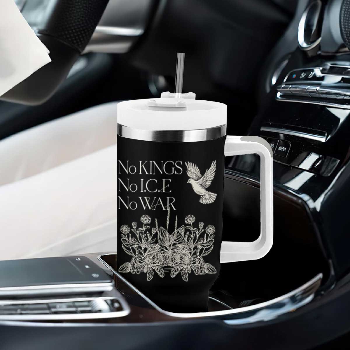 No Wars No Ice No Kings Botanical Dove Tumbler With Handle Peace Symbol Anti War Human Rights Protest TS02 Print Your Wear