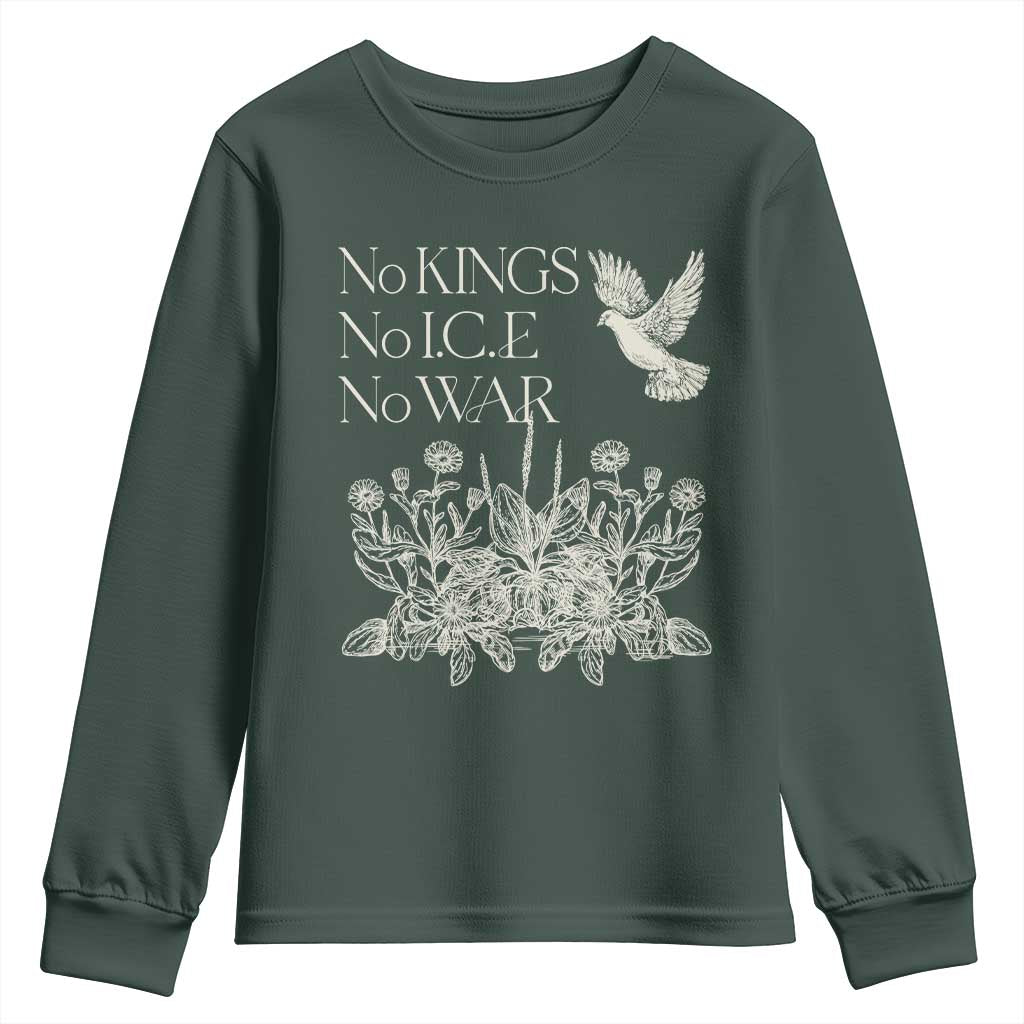No Wars No Ice No Kings Botanical Dove Youth Sweatshirt Peace Symbol Anti War Human Rights Protest TS02 Dark Forest Green Print Your Wear