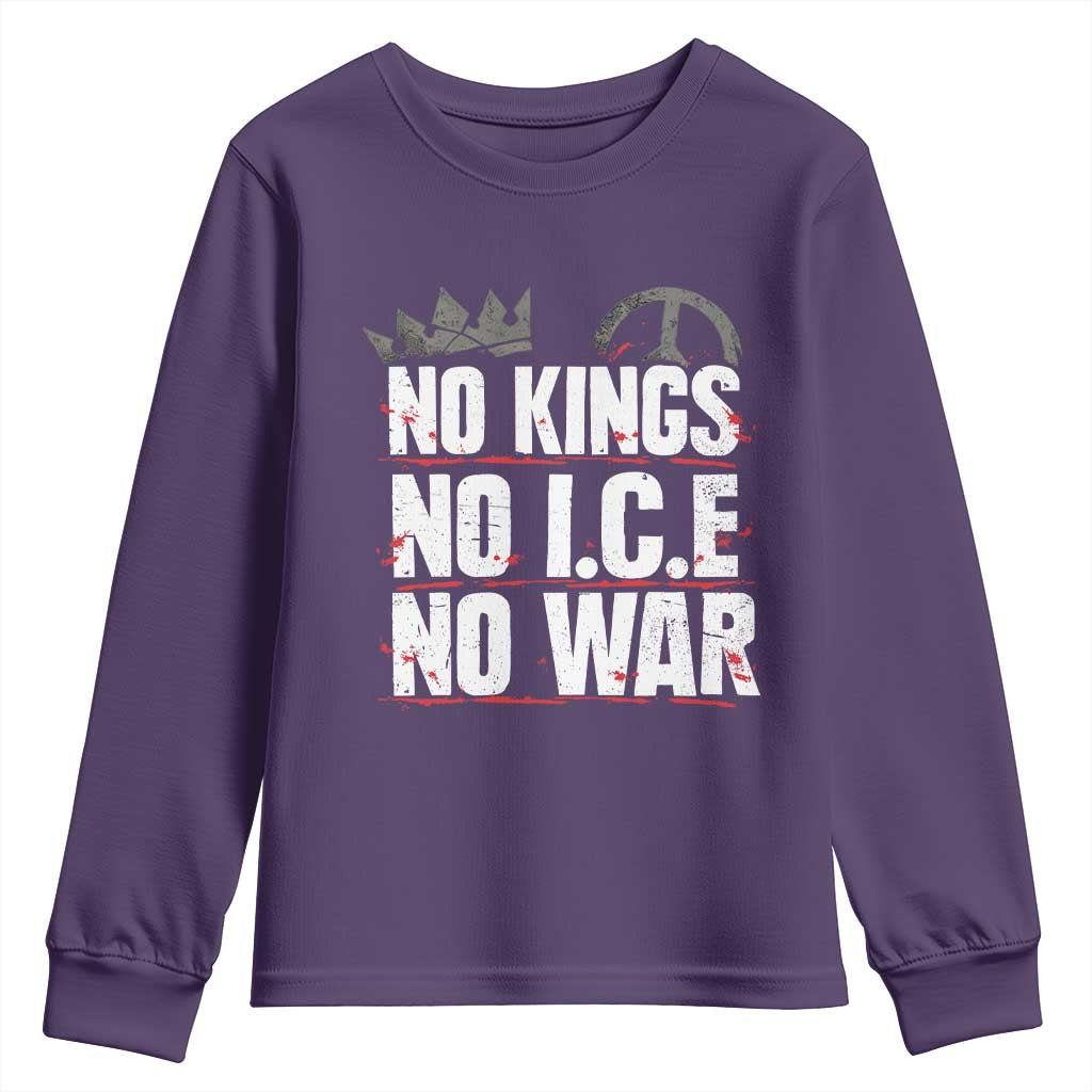 No Kings No Wars No Ice Protest Distressed Youth Sweatshirt No Crown Just Peace Anti War Freedom Supporters TS02 Purple Print Your Wear