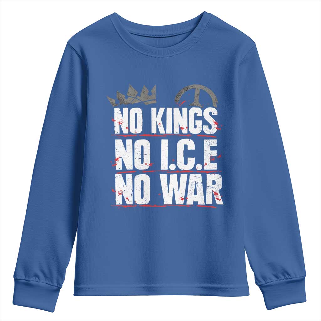 No Kings No Wars No Ice Protest Distressed Youth Sweatshirt No Crown Just Peace Anti War Freedom Supporters TS02 Royal Blue Print Your Wear