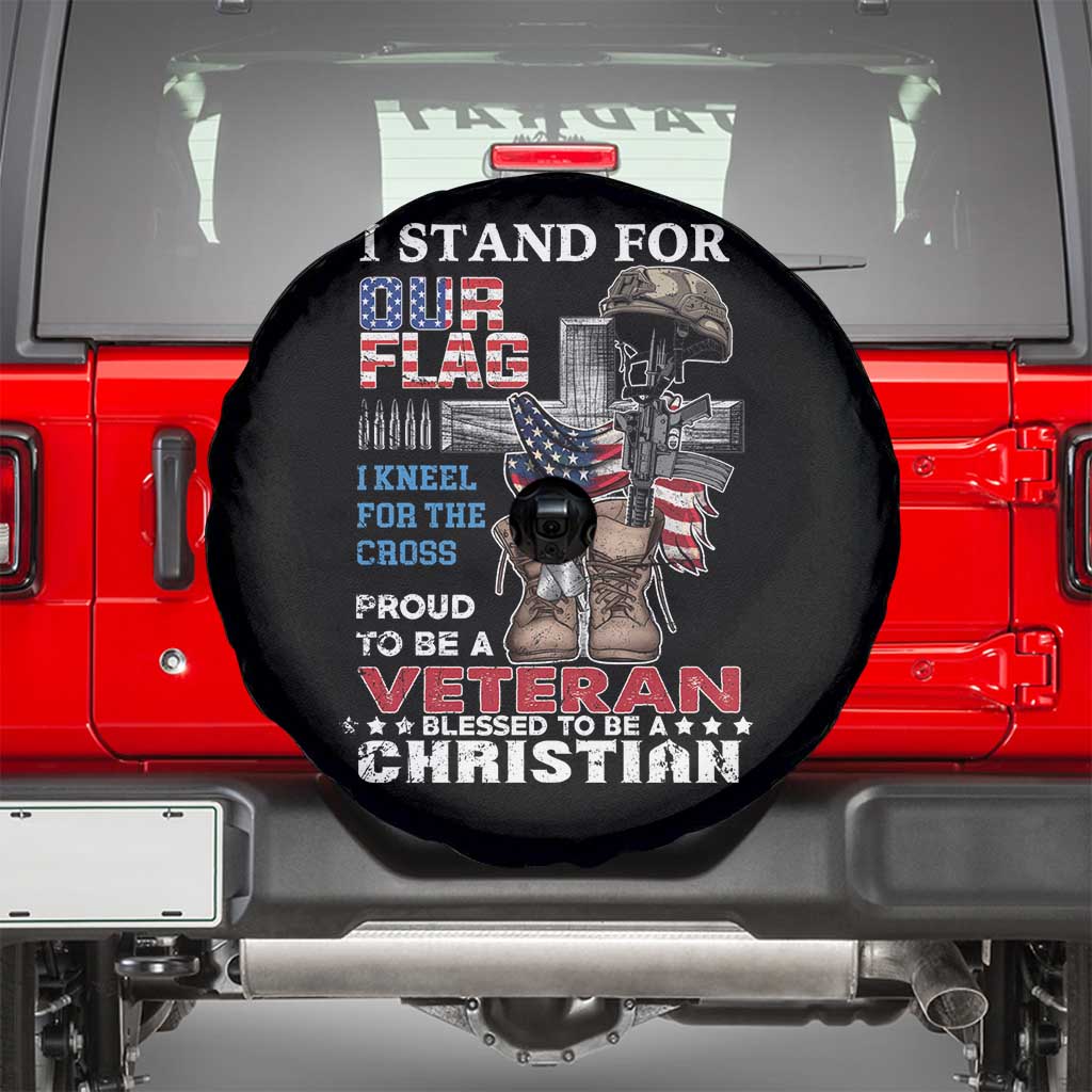 American Veteran Spare Tire Cover I Stand For Our Flag I Kneel For The Cross Blessed To Be Christian TS02 Black Print Your Wear