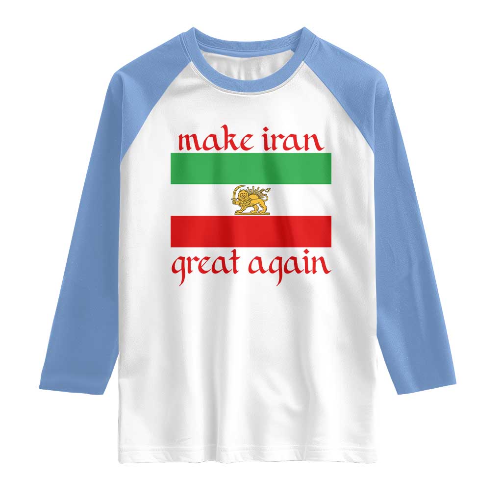 Make Iran Great Again Raglan Shirt Vintage Lion and Sun Flag Patriotic Iranian Pride TS02 White Carolina Blue Print Your Wear