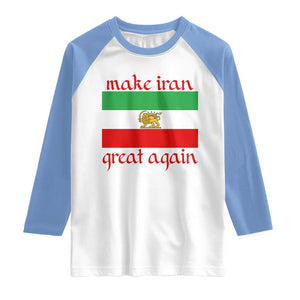 Make Iran Great Again Raglan Shirt Vintage Lion and Sun Flag Patriotic Iranian Pride TS02 White Carolina Blue Print Your Wear