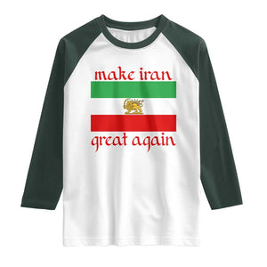 Make Iran Great Again Raglan Shirt Vintage Lion and Sun Flag Patriotic Iranian Pride TS02 White Dark Forest Green Print Your Wear