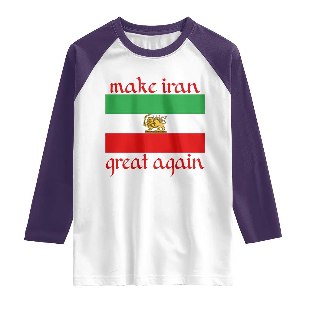 Make Iran Great Again Raglan Shirt Vintage Lion and Sun Flag Patriotic Iranian Pride TS02 White Purple Print Your Wear