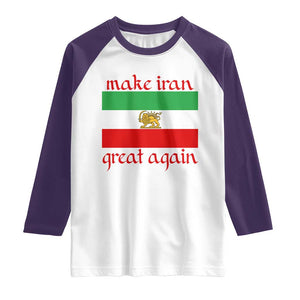 Make Iran Great Again Raglan Shirt Vintage Lion and Sun Flag Patriotic Iranian Pride TS02 White Purple Print Your Wear