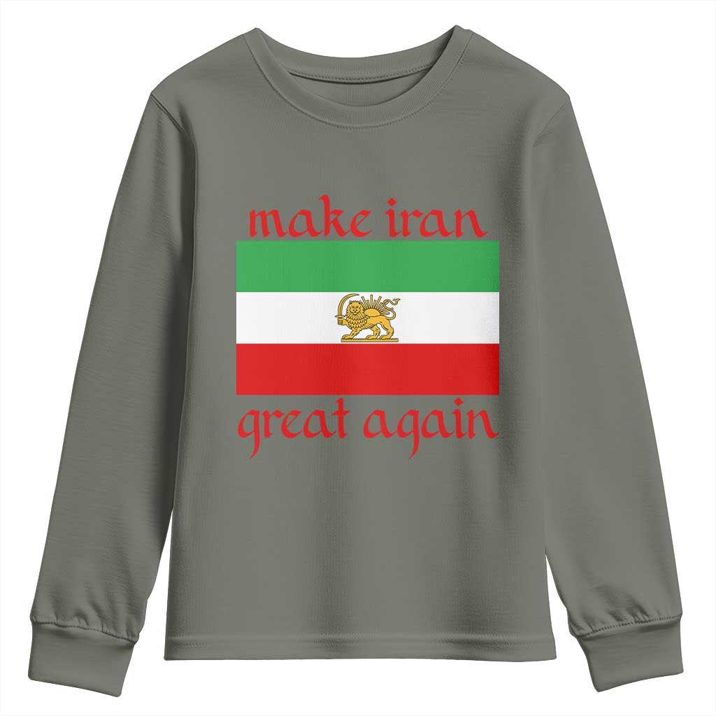 Make Iran Great Again Youth Sweatshirt Vintage Lion and Sun Flag Patriotic Iranian Pride TS02 Military Green Print Your Wear