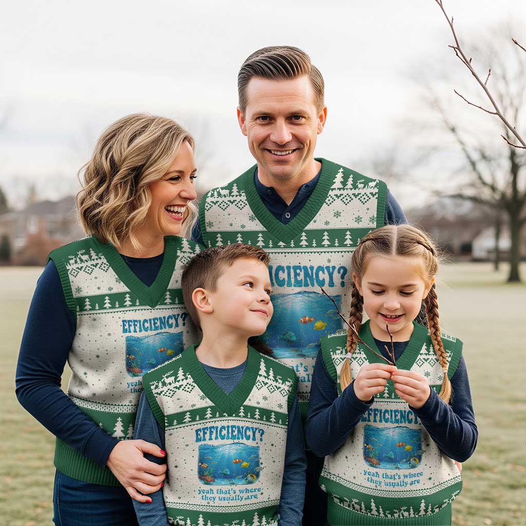 Efficiency Is Fish In Sea Funny Fish Pun Dad Joke V-Neck Knit Sweater Vest Yeah Thats Where They Usually Are Marine Life Ocean Humor
