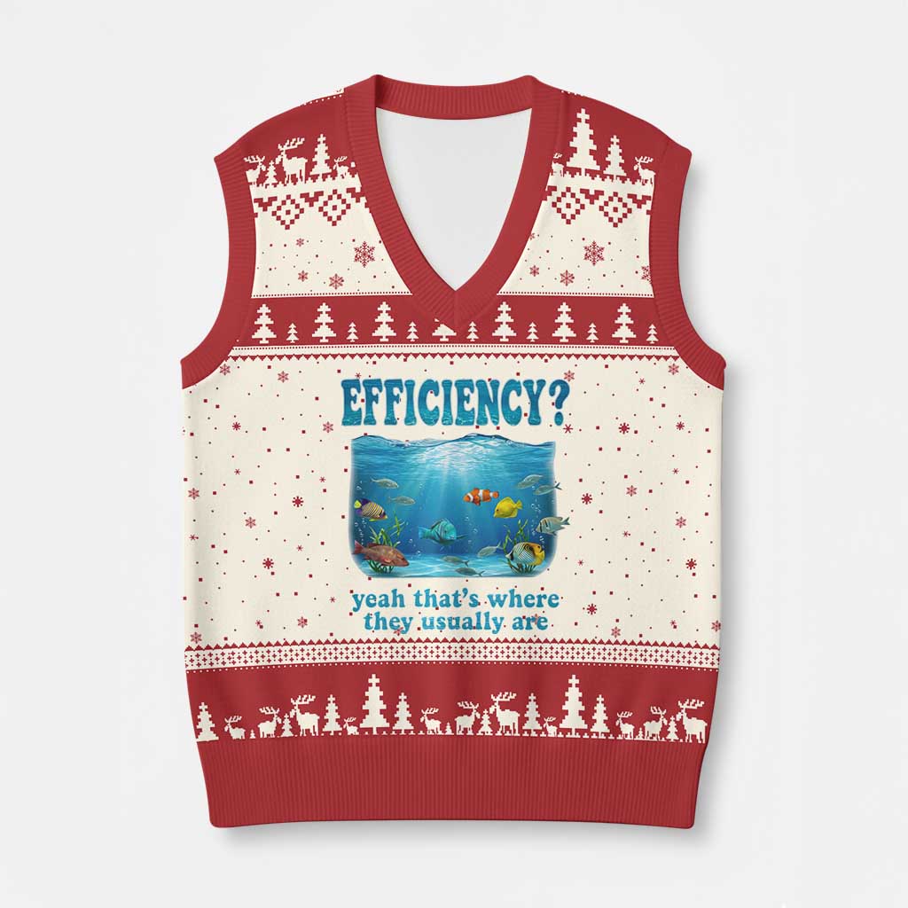 Efficiency Is Fish In Sea Funny Fish Pun Dad Joke V-Neck Knit Sweater Vest Yeah Thats Where They Usually Are Marine Life Ocean Humor TS02 Beige Red Print Your Wear