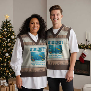 Efficiency Is Fish In Sea Funny Fish Pun Dad Joke V-Neck Knit Sweater Vest Yeah Thats Where They Usually Are Marine Life Ocean Humor