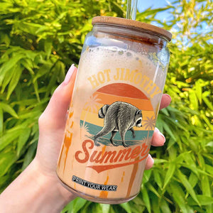 Hot Jimothy Summer Retro Sunset Beach Graphic Glass Can Funny Viral Seattle Raccoon Meme