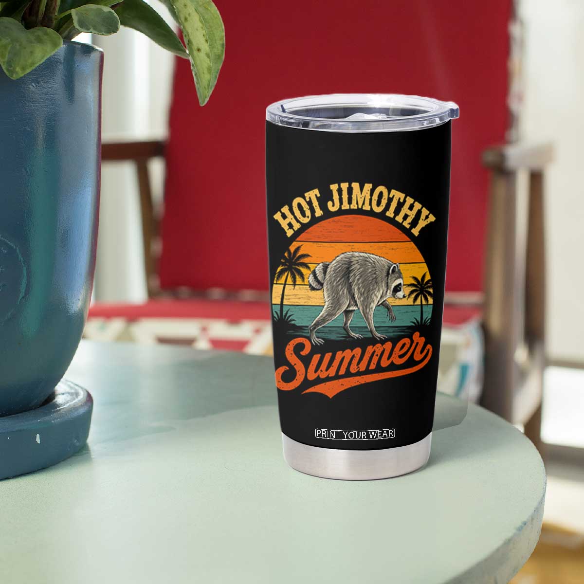 Hot Jimothy Summer Retro Sunset Beach Graphic Tumbler Cup Funny Viral Seattle Raccoon Meme