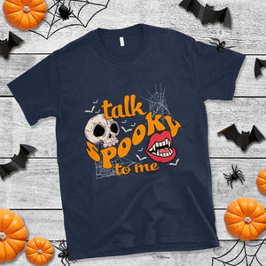 Spooky Halloween T Shirt Talk Spooky To Me Skull Vampire Mouth TS02 Navy Print Your Wear