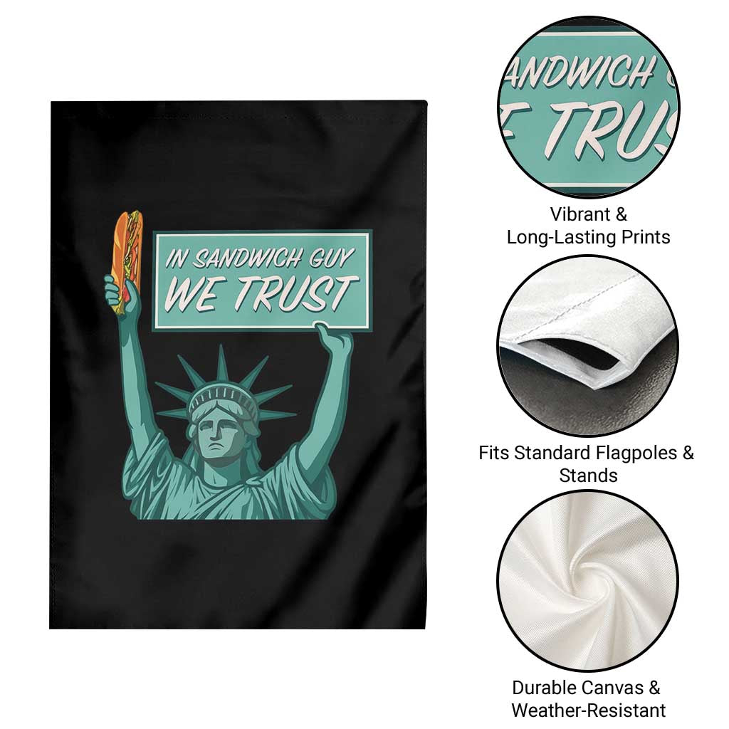 In Sandwich Guy We Trust Garden Flag Funny Liberty with Baguette Parody Graphic Political Satire TS02 Print Your Wear