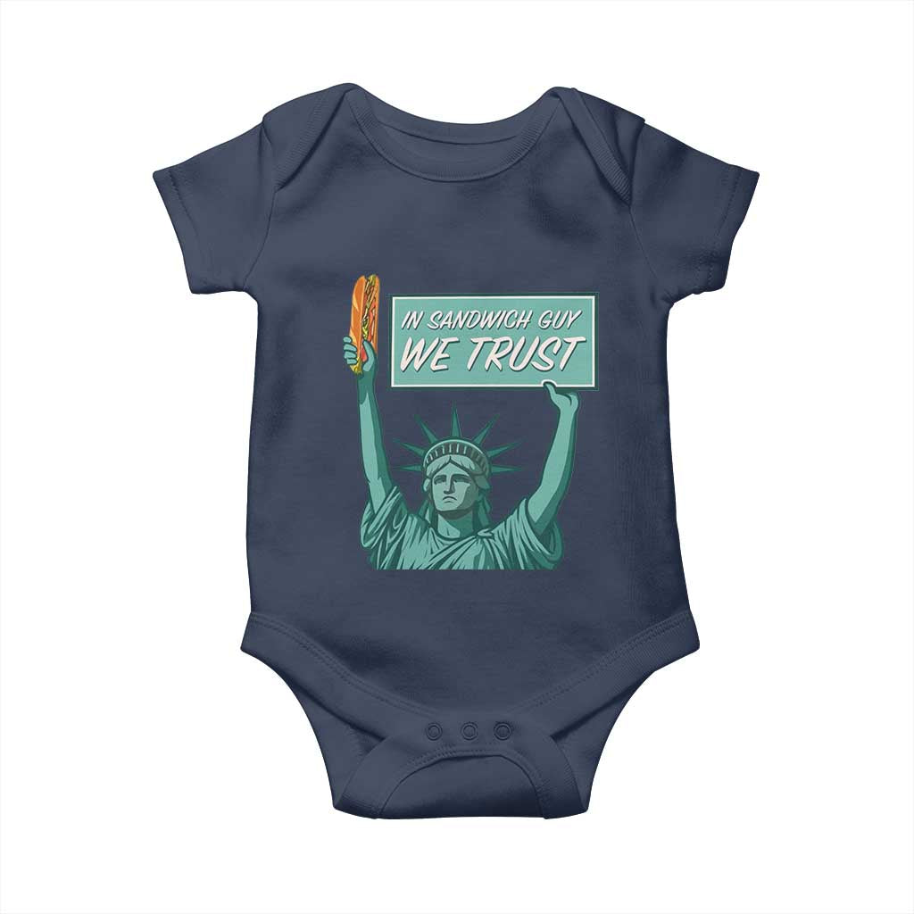 In Sandwich Guy We Trust Baby Onesie Funny Liberty with Baguette Parody Graphic Political Satire TS02 Navy Print Your Wear