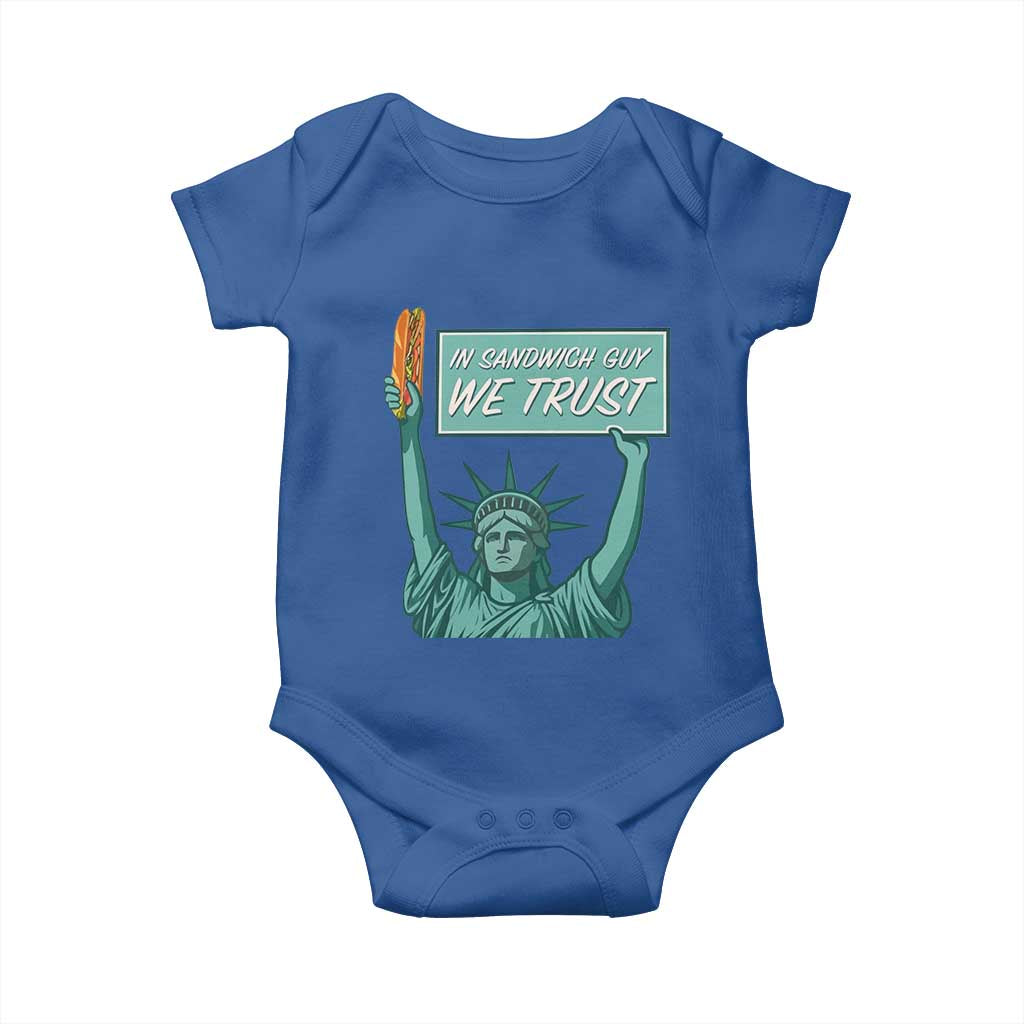 In Sandwich Guy We Trust Baby Onesie Funny Liberty with Baguette Parody Graphic Political Satire TS02 Royal Blue Print Your Wear