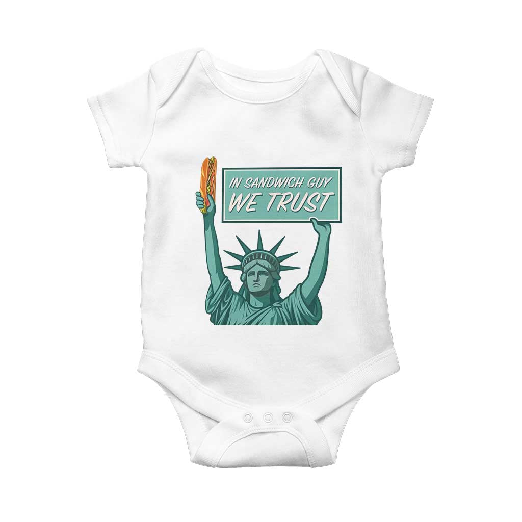 In Sandwich Guy We Trust Baby Onesie Funny Liberty with Baguette Parody Graphic Political Satire TS02 White Print Your Wear
