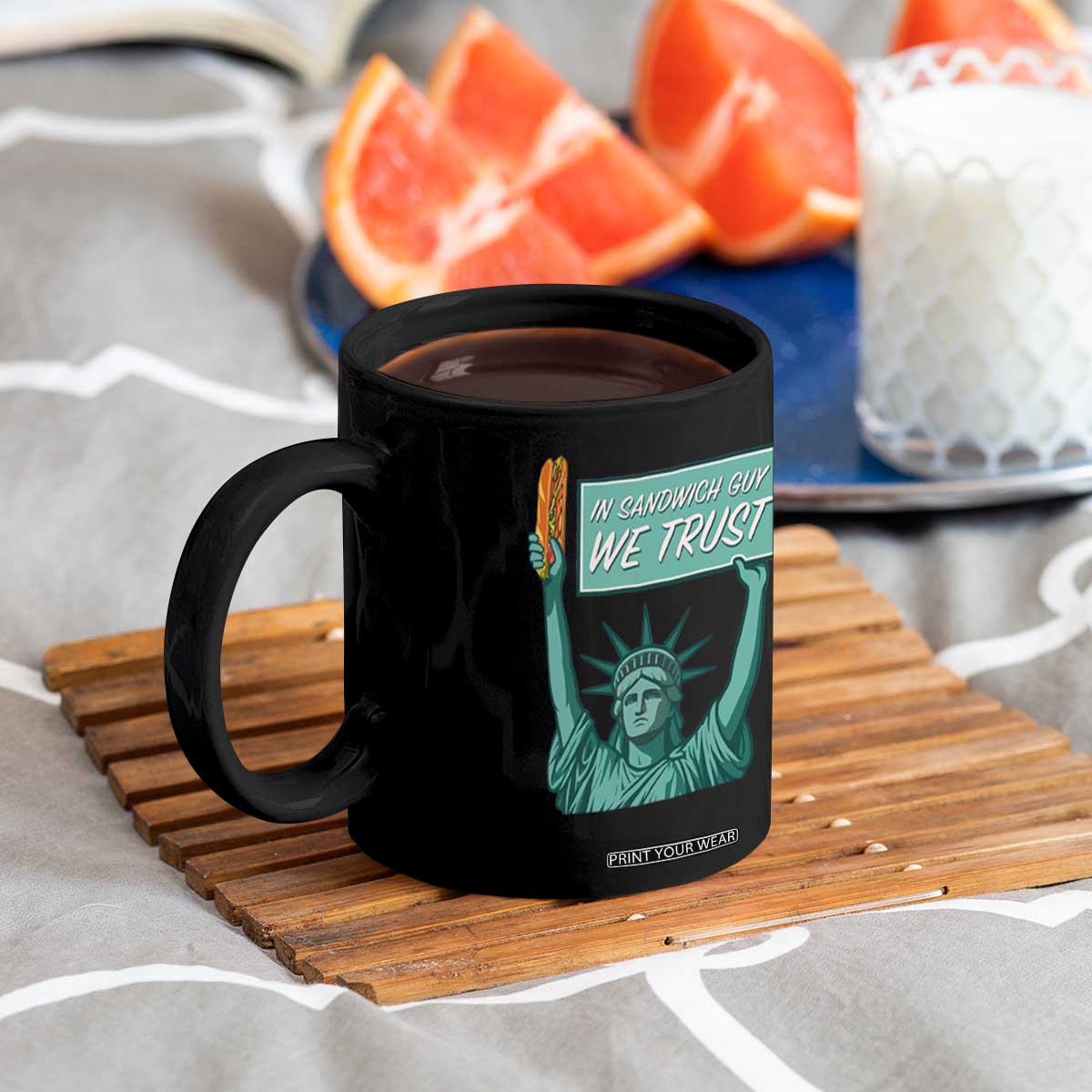 In Sandwich Guy We Trust Coffee Mug Funny Liberty with Baguette Parody Graphic Political Satire TS02 Print Your Wear