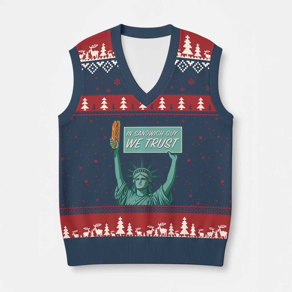 In Sandwich Guy We Trust V-Neck Knit Sweater Vest Funny Liberty with Baguette Parody Graphic Political Satire TS02 Navy Red Print Your Wear