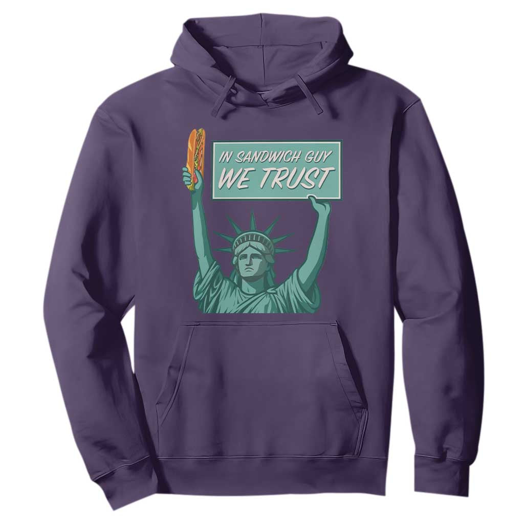 In Sandwich Guy We Trust Hoodie Funny Liberty with Baguette Parody Graphic Political Satire TS02 Purple Print Your Wear